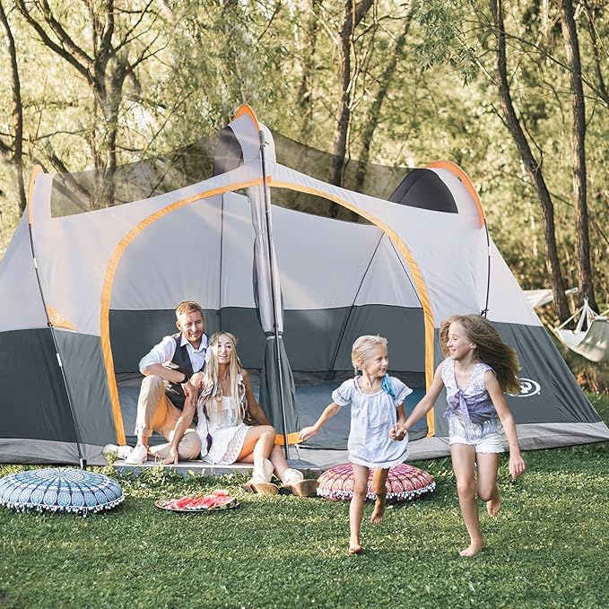 UNP Camping Tent 8/9 Person, Family Camping Tent, 5 Large Ventilation Mesh Windows, 14'x14'x78 inches Tall with Dividers Curtain for 2 Room