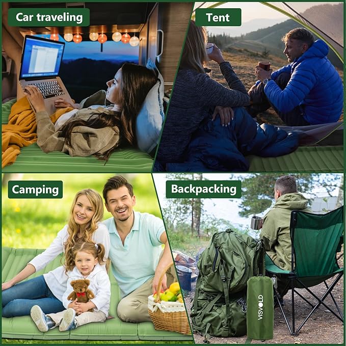 Double Sleeping Pad for Camping, 4.72" Ultra-Thick Self Inflating Camping Pad 2 Person with Pillow Built-in Foot Pump Portable Camping Pad for Backpacking, Hiking, Tent, Traveling(Green)