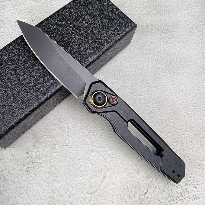 Push Button Lock Knife, Tactical Spring Assisted EDC Folding Knife, Black Stonewashed Reverse Tanto Blade Aluminum Handle Outdoor Hunting Caping Knives With Reversible Deep Carry Pocket Clip For Men, 7550