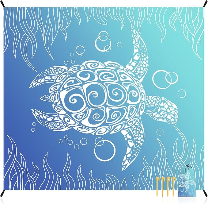 Beach Blanket, Large Waterproof Sandproof Beach Mat 78''×86'' 4 Adults, Lightweight Portable Sand Free Outdoor Beach Accessories with 4 Stakes for Picnic, Travel, Camping - Blue Gradient Sea Turtle