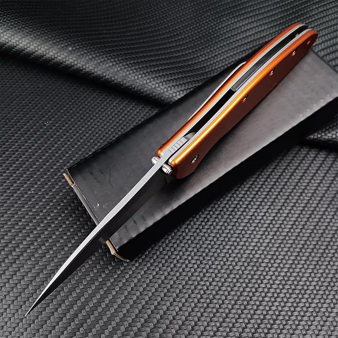 Outdoor Orange Pocketknife, 3" Bead Blast Plain Blade, Stainless Steel Handle, Dual Lock System, Tactical Hunting Folding Knife For Men Women