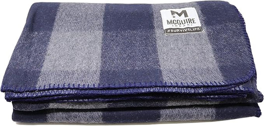 M MCGUIRE GEAR Warm Wool Bunkhouse Plaid Blanket for Camping, Home, Survival, or First Aid, 64" x 90" (Gray/Navy)