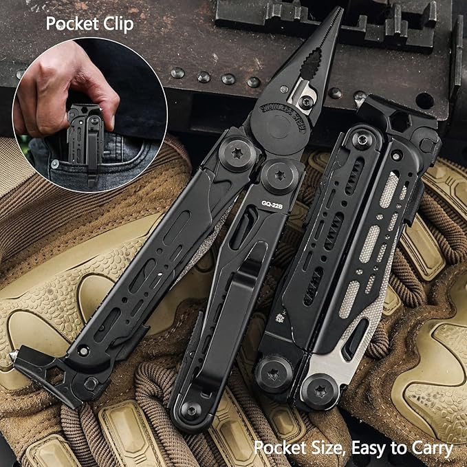 HX OUTDOORS 19 In 1 Pocket Multi Tool, Stainless Steel Multitools Pliers with Fire Starter and Glass Breaker, Folding EDC Camping Survival Tools for Men (Black)