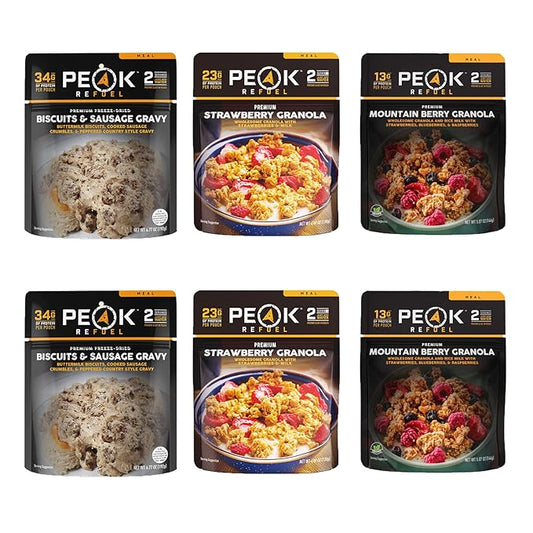 Peak Refuel Breakfast Variety 6 Pack | Premium Freeze Dried Camping Food | Backpacking & Hiking MRE Meals | Just Add Water | 100% Real Meat | 12 Total Servings