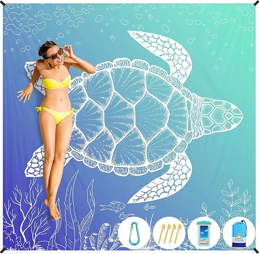 BYDOLL Beach Blanket Sea Turtle Sandproof Waterproof 78''×81'' 1-4 Adults Compact Lightweight Oversized Beach Blanket Large Picnic Mat Beach Blanket for Travel Camping