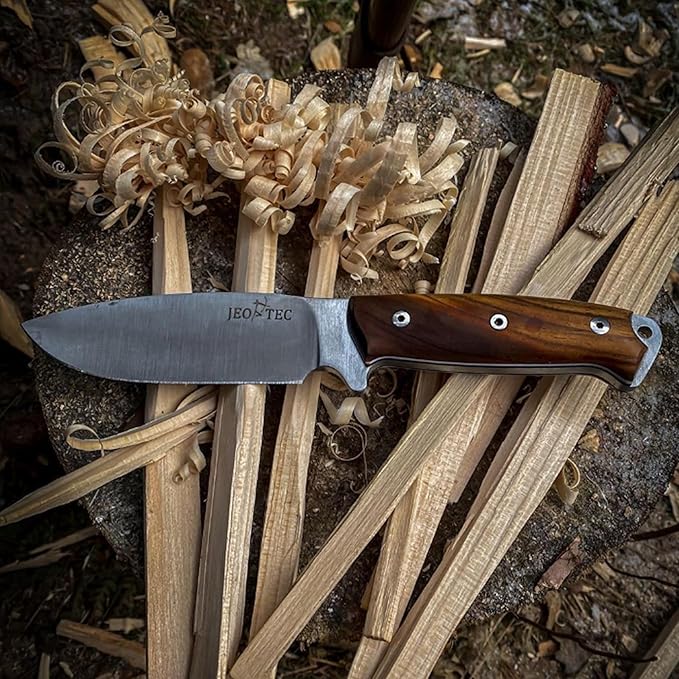 JEO-TEC Nº1 Bushcraft Full Tang Knife for Survival Camping Hunting Fishing and outdoor adventure - 4.5" Fixed Blade BÖHLER N690C Stainless Steel - Leather Sheath Firesteel - Handmade