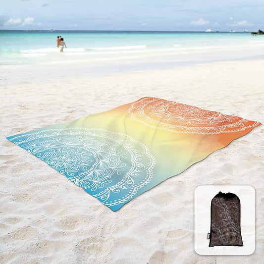 Sunlit Silky Soft 106"x81" Boho Sand Proof Beach Blanket Sand Proof Mat with Corner Pockets and Mesh Bag for Beach Party, Travel, Camping and Outdoor Music Festival, Light Orange and Sky Blue Mandala