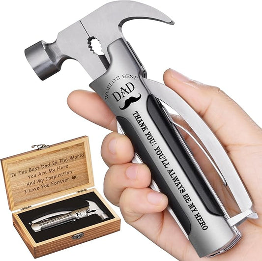 VEITORLD Gifts for Dad from Daughter Son Kids, Unique Birthday Gift Ideas for Men Stepdad Papa, All in One Tools Hammer Multitool with Engraved Wooden Box, Cool Camping Hunting Gadgets
