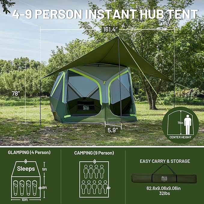 TIMBER RIDGE 4/6/8 Person Instant Pop Up Cabin Tent, Easy 60 Second Setup, Weather Resistant Camping Family Hub Tent with Rain Fly and Carry Bag for Camping Hiking Outdoor Travel