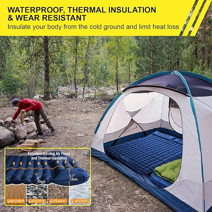 Double Sleeping Pad for Camping Inflatable 2 Person Sleeping Mat with Built-in Pump, Foot Press Ultralight Extra Thick Camping Mat with Pillow for Backpacking, Traveling, Hiking, Durable & Waterproof