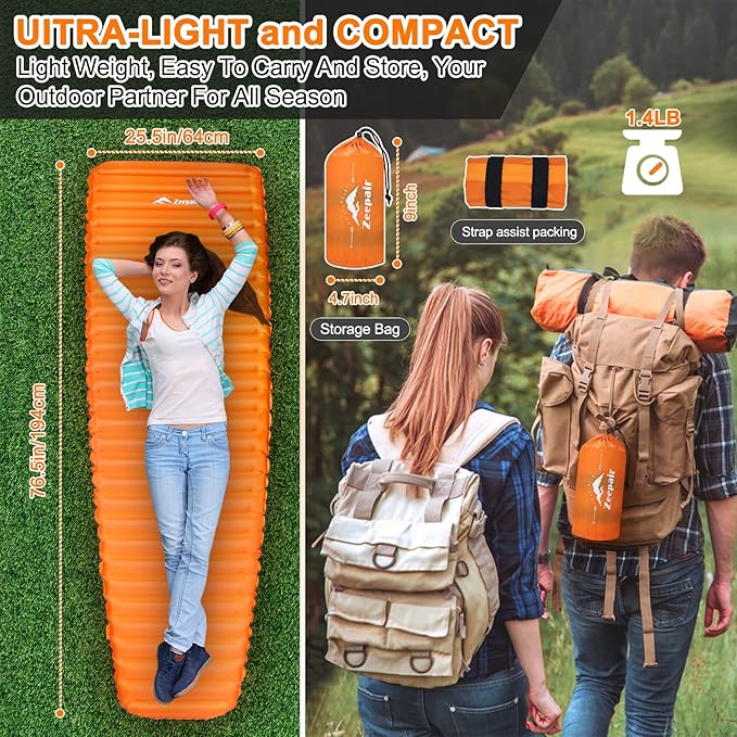 Sleeping Pad for Camping - Ultralight Inflatable Sleeping Mat for Camping Backpacking Hiking Tent Traveling - Portable Compact Lightweight Waterproof Air Mattress with Inflating Bag - Orange
