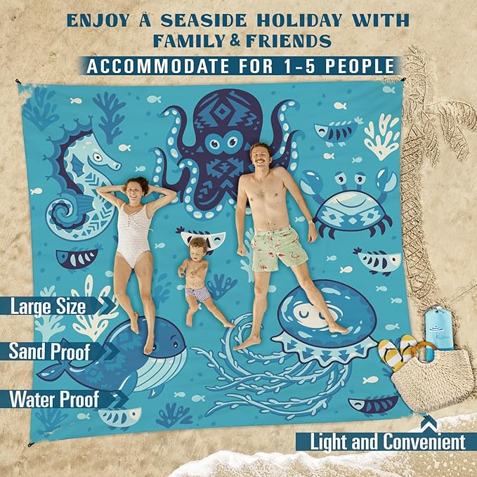 Beach Blanket Sandproof Waterproof 78''×81''1-5Adults Oversized,Compact Lightweight Durable Beach Mat for Travel Camping Hiking Picnic Blanket