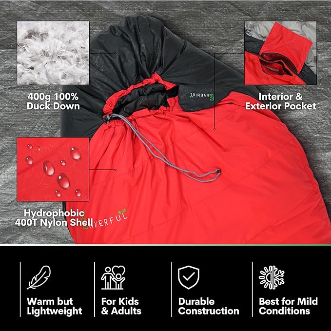 Duck Down Mummy Sleeping Bag for Adults – Cold & Warm Weather Sleeping Bags – Lightweight, Compact & Portable Camping – Sleep Bag for Hiking & Backpacking – Compression Carrying Bag