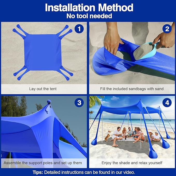 Rhino Valley Beach Tent Sun Shelter, Beach Canopy Tent Sun Shade UPF50+ Protection with 8 Sandbags 4 Stability Poles, Outdoor Beach Shade Canopy for Beach, Camping, Fishing