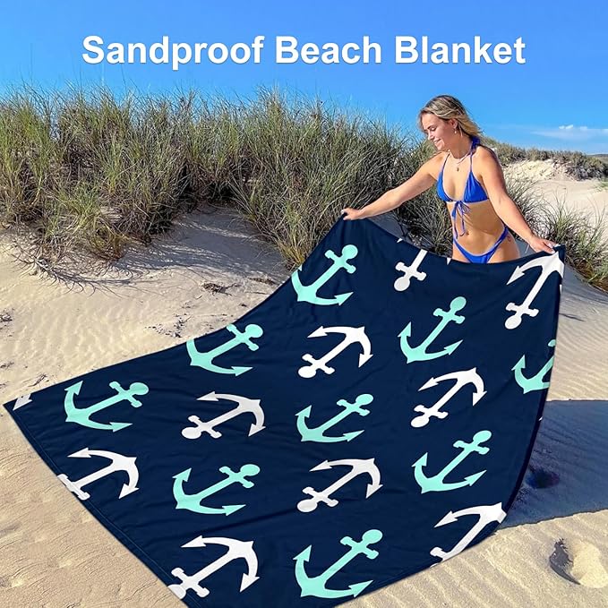Nautical Beach Blanket Sandproof, Foldable Waterproof Sand Free Beach Picnic Mat, 78''×86'' Large Compact Portable Ocean Themed Outdoor Pocket Blanket With 4 Stakes for Travel, Camping - Navy Anchors
