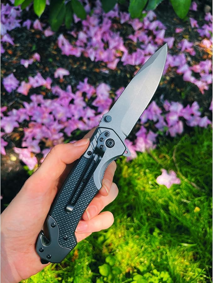 G10 Pocket Knife | 9 cm Stainless Steel Blade | Steel and G10 Handle | Outdoor, Tactical, Folding Knife | With Glass Breaker and Cord Cutter