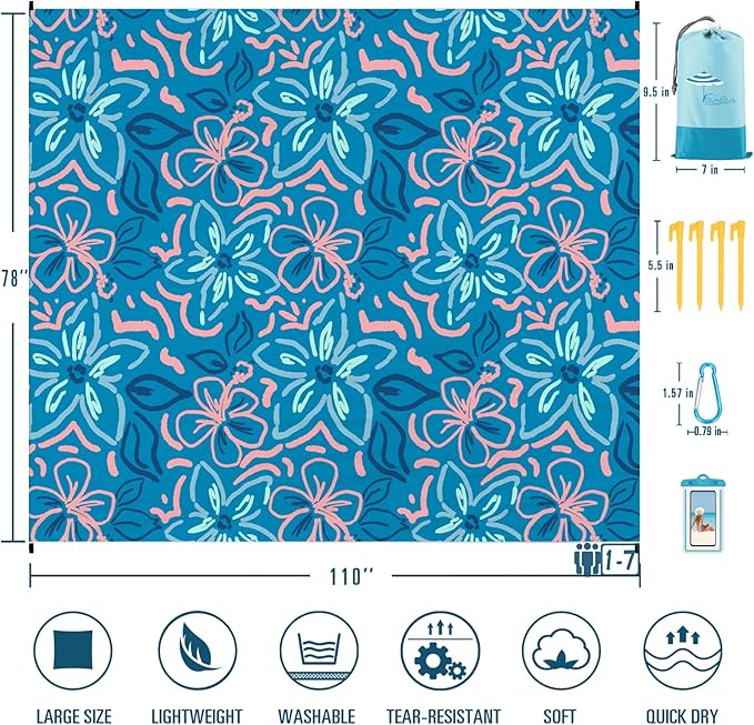 Beach Blanket Sandproof Waterproof 78''×110'' 1-7Adults Oversized,Compact Lightweight Durable Beach Mat for Travel Camping Hiking Picnic Blanket