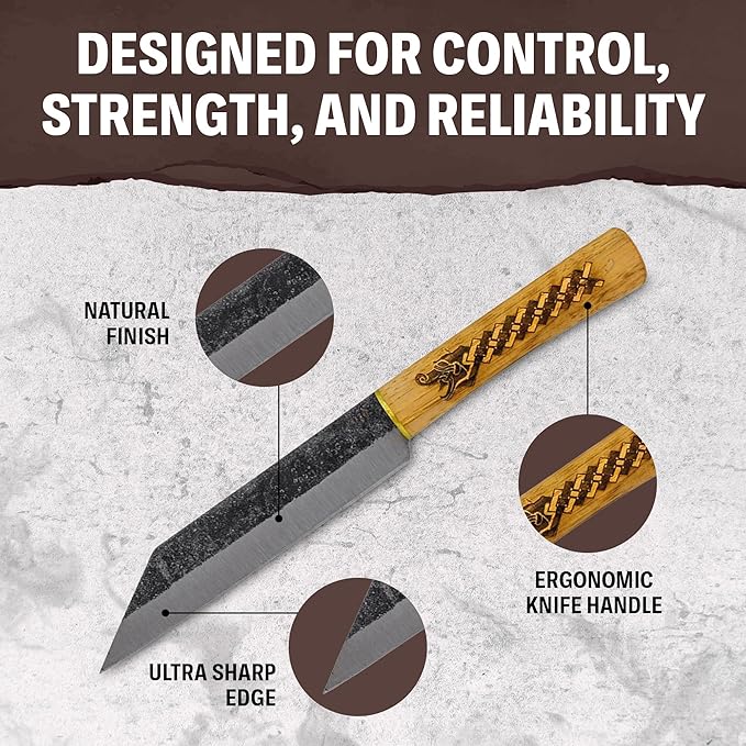 Condor Tool & Knife Norse Dragon Seax Knife - Viking Knife with Sheath - 1095 High Carbon Steel - Burnt American Hickory Handle - Hand Crafted Welted Leather Sheath - Viking Dagger - 7in Blade - 8.5oz