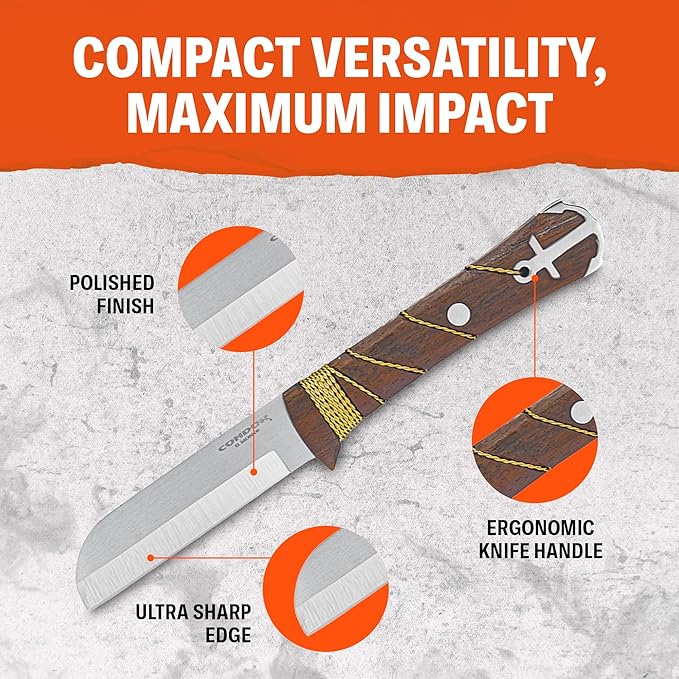 Condor Tool & Knife Ocean Raider Knife | Fixed Blade Hunting Knife | Stainless Steel Full Tang Knife with a Walnut Handle and Hand Crafted Welted Leather Sheath | 3.77 in Blade | 8.82oz (3.5mm Thick)