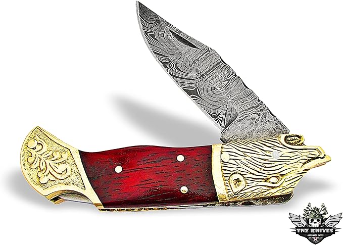 TNZ-524 Damascus Handmade Pocket Engraved Bolsters Folding Knife 4" Blade, 8.5" Overall ,8 oz, Padauk Wood Handle With Leather Cover >>>> TNZ Hand Made Damascus knives