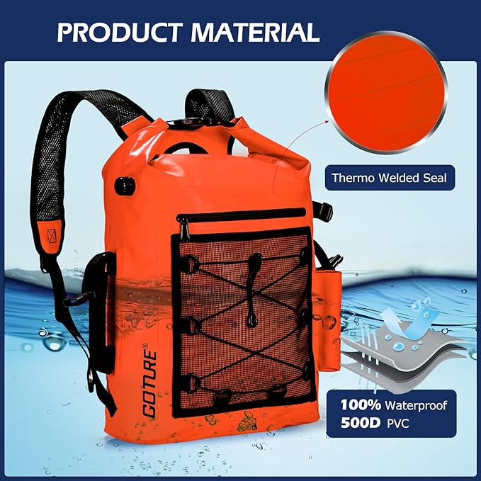 Goture Dry Bag Waterproof Backpack,20L Fishing Tackle Bag with Rod Holder,Padded Shoulder Straps and Air Exhaust Valve,500D PVC Dry Sack Bag with Phone Case for Kayaking,Boating,Fishing,Travel