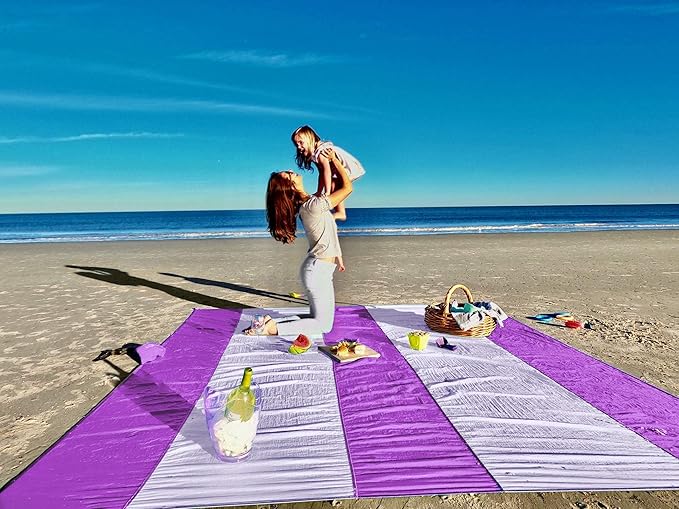 Premium XXL Beach Blanket Sandproof Water Resistant Quick Dry Mat 10ft by 9ft for 1-8 Adults with 4 Metal Stakes, 4 Corner Pockets, Secure Clip and Strap, and Attached Bag