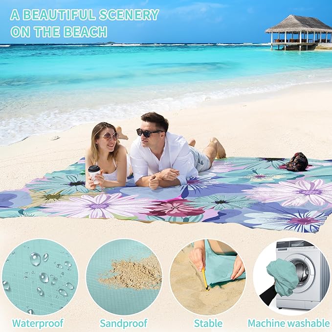 BYDOLL Beach Blanket Sandproof Waterproof 78''×81'' 1-4 Adults Compact Lightweight Oversized Beach Blanket Large Picnic Mat Beach Blanket for Travel Camping Hiking Picnic
