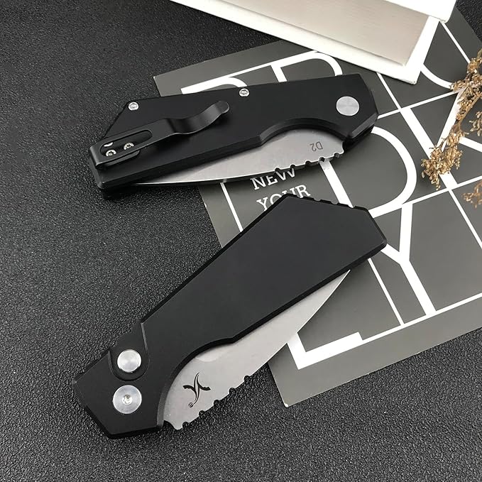 HUAAO Button Lock Folding Pocket Knife, Speed Safe Assisted Opening Knife for Men, D2 Steel Blade with T6 Aluminium Handle, Upgraded Indoor and Outdoor EDC Knife., black
