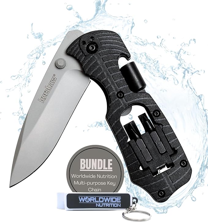 Worldwide Nutrition Bundle: Kershaw Select Fire Multi-Function Pocket Knife, 4-piece Bit Set and Driver, 3.4" 8Cr13MoV Steel Blade, Manual Washer Folding EDC and Multi-Purpose Key Chain