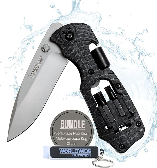 Worldwide Nutrition Bundle: Kershaw Select Fire Multi-Function Pocket Knife, 4-piece Bit Set and Driver, 3.4" 8Cr13MoV Steel Blade, Manual Washer Folding EDC and Multi-Purpose Key Chain
