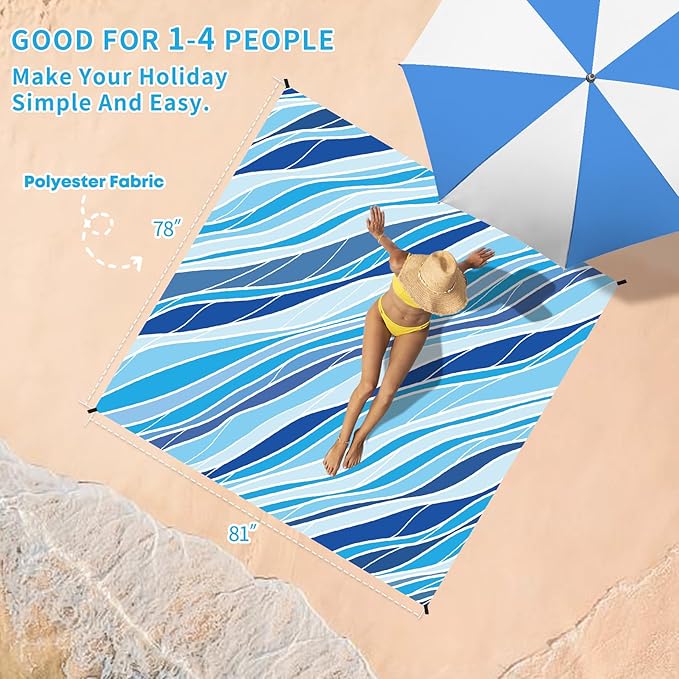 BYDOLL Beach Blanket Sandproof Waterproof 78''×81''1-4 Adults Compact Lightweight Oversized Beach Blanket Large Picnic Mat Beach Blanket for Travel Camping Hiking Picnic
