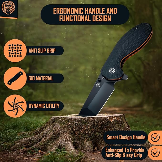 Holtzman's Gorilla Survival Folding Knife D2 Steel Blade G10 Handle Pocket Knife EDC Giftset for Men and Women (black blade + black/orange liner)