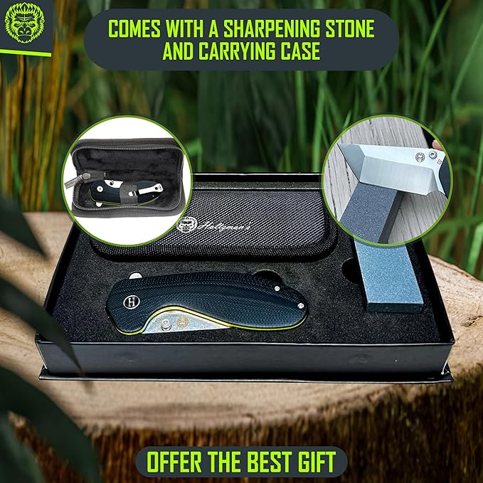 Holtzman's Gorilla Survival Folding Knife D2 Steel Blade G10 Handle Pocket Knife EDC Giftset for Men and Women (half stonewashed half silver blade + black/green liner)