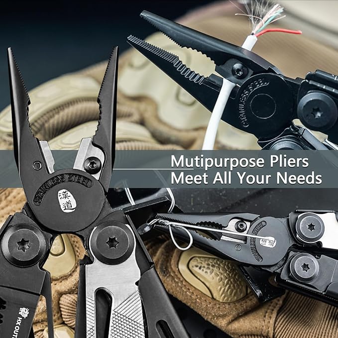 HX OUTDOORS 19 In 1 Pocket Multi Tool, Stainless Steel Multitools Pliers with Fire Starter and Glass Breaker, Folding EDC Camping Survival Tools for Men (Black)