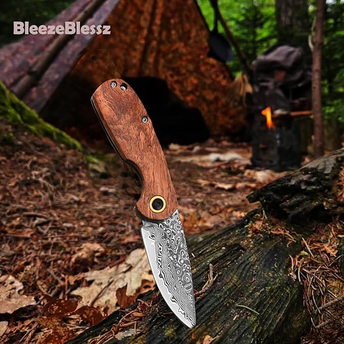 EDC Folding Pocket Knife, Men's and Women's Mini Pocket Knife, 6.1" Damascus Knife, Wood Handle, Sharp Camping Hiking Knife