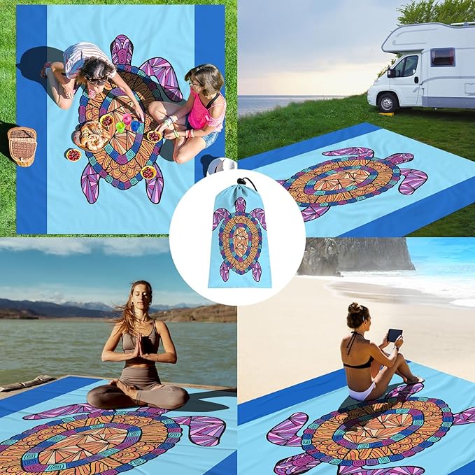 Beach Blanket Sandproof Waterproof, Bohemian Turtle Large Beach Mat Oversized for 2-4 Person, Compact Sand Free Quick Dry Polyester Outdoor Picnic Blanket for Travel, Camping, Hiking