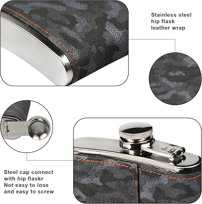 Hip Flask Gift Set, Hip Flasks for Liquor for Men with camouflage Leather Cover, 8 Oz Hip Flask, 18/8 Stainless Steel Hip Flasks, Flasks for Liquor for Men Gift Box