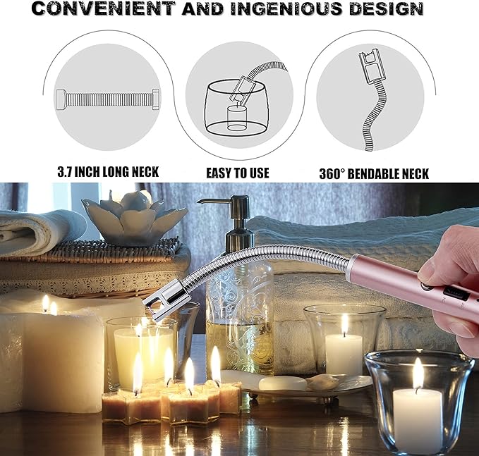 Lighter, Rechargeable Candle Lighter Grill Lighter Electric Arc Lighter with Flexible Neck, LED Battery Display Safety Switch for Candle Camping Cooking BBQs Fireworks (Pink)