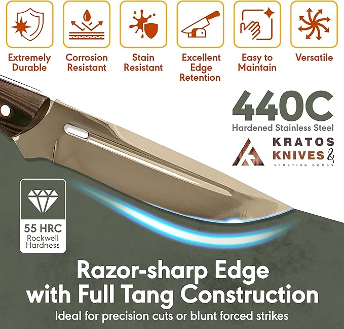 Bushcraft Knife with Sheath, 9.4" Fixed Blade Knife with 440C Hardened Stainless Steel Full Tang Survival Knife for Outdoor & Camping By Kratos - ZSF1