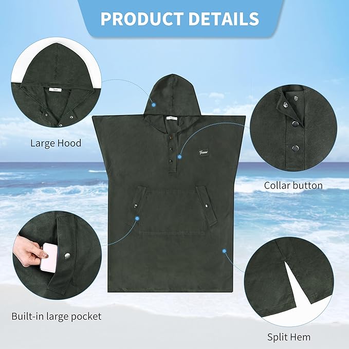 Tirrinia Hooded Surf Poncho Changing Towel Summer Swim Robe with Pocket, Quick Dry Towel Hoodie for Surfing Swimming Diving Men Women