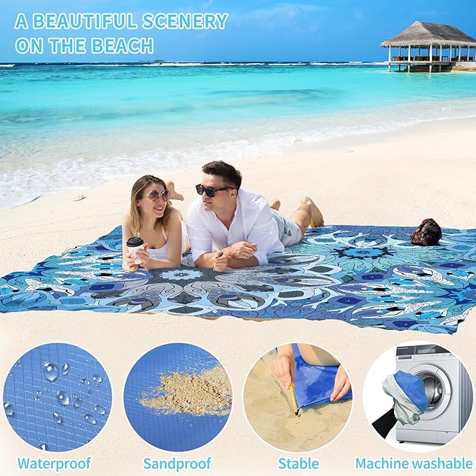 BYDOLL Beach Blanket Sandproof Waterproof 78''×81'' 1-4 Adults Compact Lightweight Oversized Beach Blanket Large Picnic Mat Beach Blanket for Travel Camping Hiking Picnic
