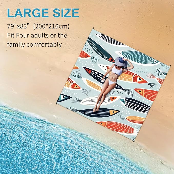 Large Beach Blanket Waterproof Sandproof 79"x 83" for 1-4 Adults,Quick Drying Beach Mat,Lightweight & Durable,Beach Essentials for Family Beach Camping Travel Picnic(Small Fish)