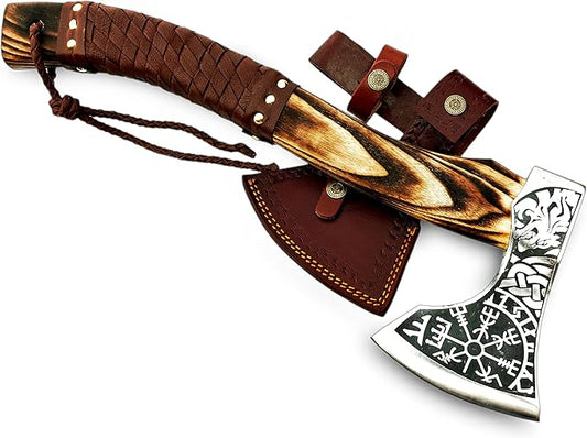 Hand Forged Carbon Steel Etched Viking Axe with (Ash Wood) Handle -with Premium Leather Sheath - Ideal for Camping Axe - Survival Axe - Bushcraft Axe Gift for Him. CX-00786
