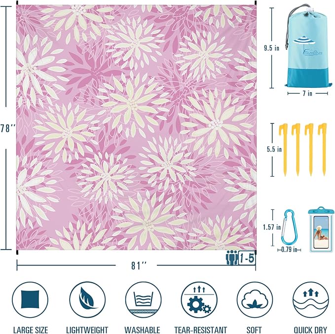 Beach Blanket Sandproof Waterproof 78''×81''1-5 Adults Oversized,Compact Lightweight Durable Beach Mat for Travel Camping Hiking Picnic Blanket