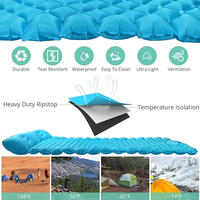 VINTEAM Double Sleeping Pad with Pillow Hand or Foot Self Inflating Camping Mat Durable 40D Nylon Camping Air Mattress Ultralight 2 Person Camping Sleeping Pad or Tent Hiking Camp Travel (Blue)