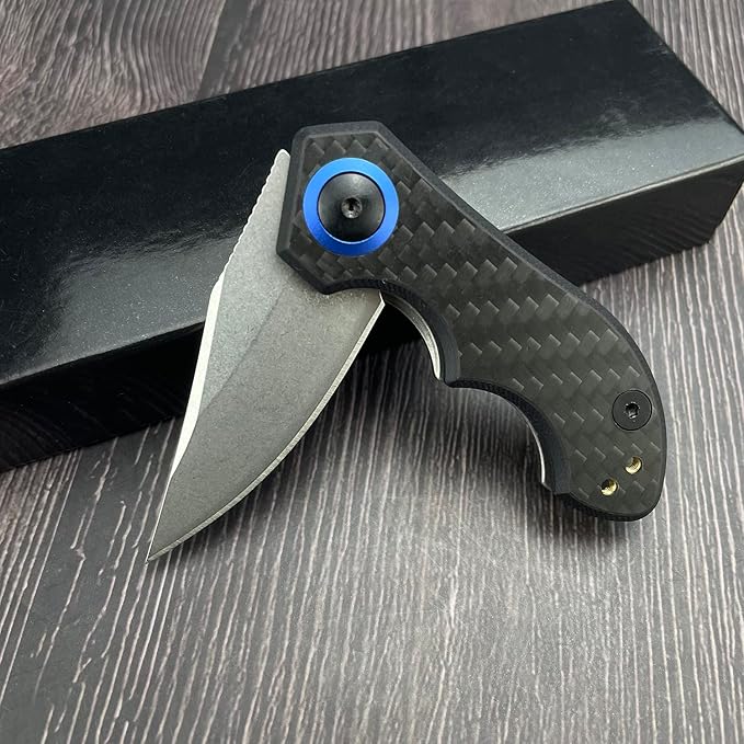 Mini Flipper Pocket knife,Small EDC folding Knife with Pocket clip,1.89 Inch Premium D2 Steel Blade,Carbon Fiber Front and Stonewashed Titanium Back Handle,Gifts for Men Women(0022)