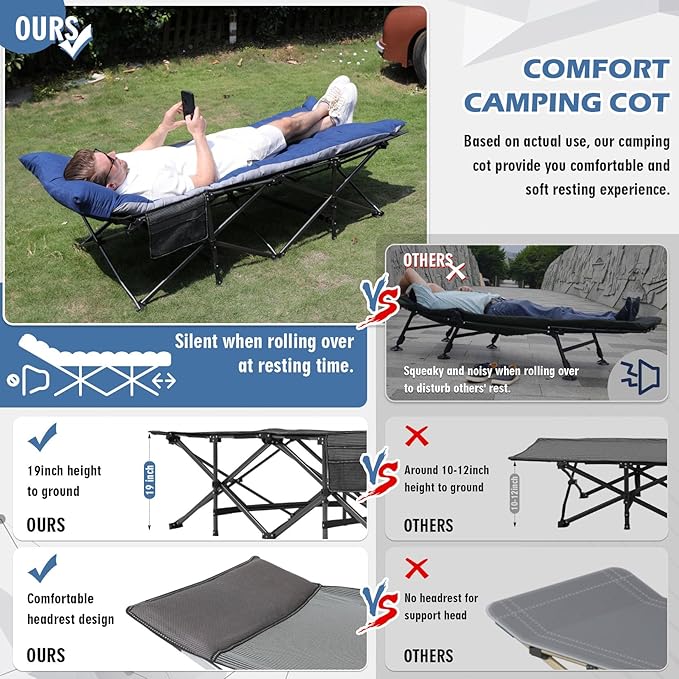 Oversized Folding Camping Cot 32inch w/Mattress, Heavy Duty Portable Sleeping Cot with Carry Bag, Double Layer Oxford Travel Camp Cots for Outdoors & Indoors, Suit for Adults Kids ，Navy/Grey