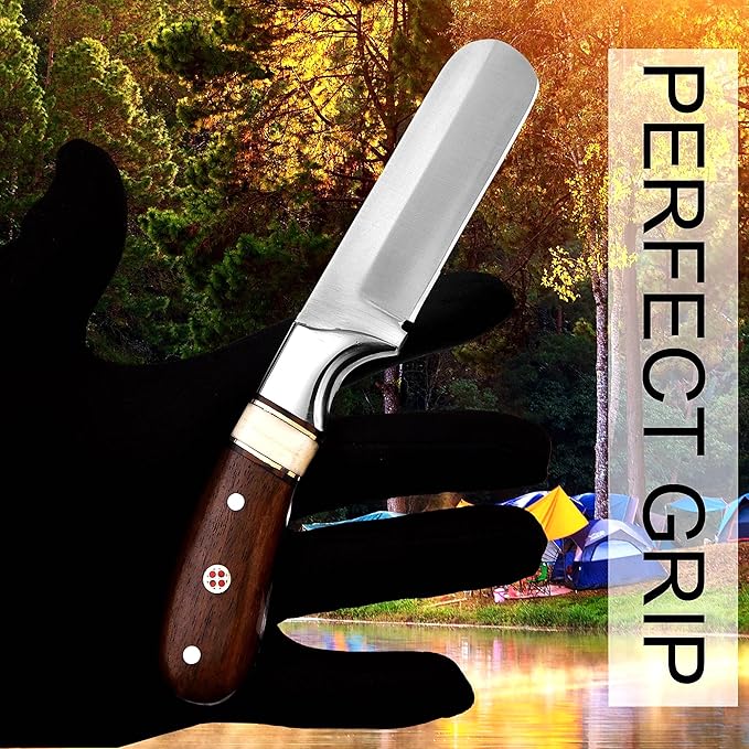 Handmade 1095 High Carbon Steel Bull Cutter Knife with Pancake Leather Sheath, Fixed Blade Cowboy Knife with walnut wood/Bone Handle, Utility Knife, EDC Hunting knife (Walnut Wood)