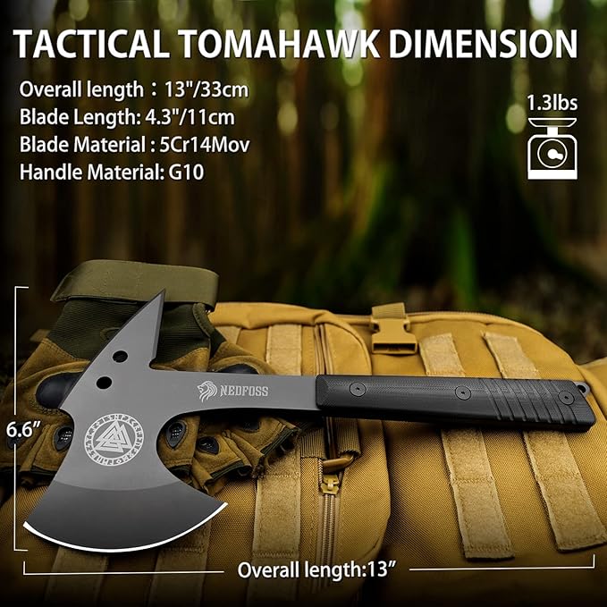 NedFoss Eagle 13" Full Tang Tactical Tomahawk with Spike, G10 Handle and Titanium Coated Blade, Survival Tomahawk Axe with Leather Sheath, Viking Tomahawk for Camping Survival
