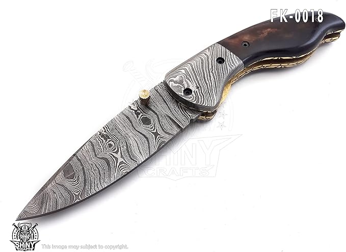 SHINY CRAFTS -Pocket Knife Damascus Hunting Knife OTF Knife Tactical Knife For Men- Pocket Knives - Everyday Carry - PlainEdge - Leather Sheath (FK 18)